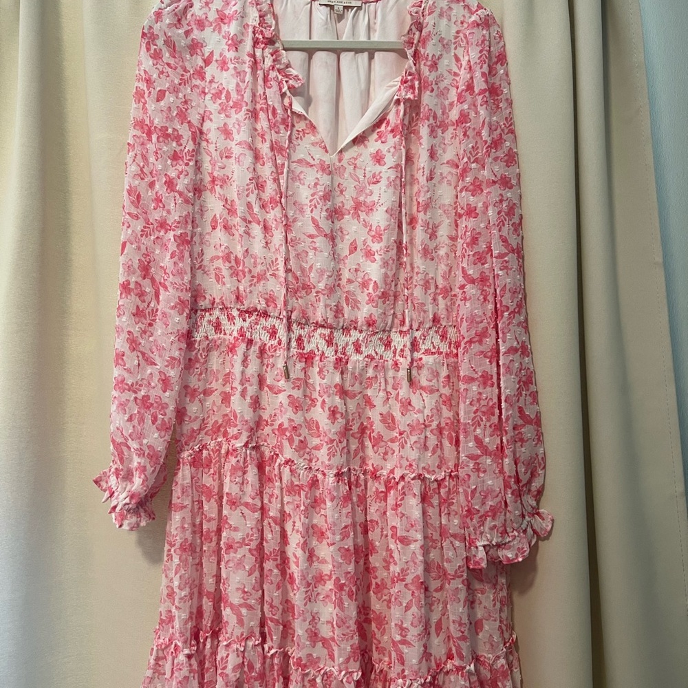 Skies Are Blue White Dress with Pink Floral Trim